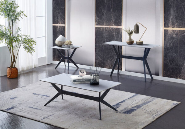 Kalani 47" Sofa Table - White Sintered Stone & Black Metal