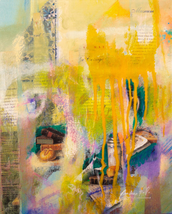 Abstract Book Bread Fruit Still Life Collage Oil Painting, 'The Good Dreamer'