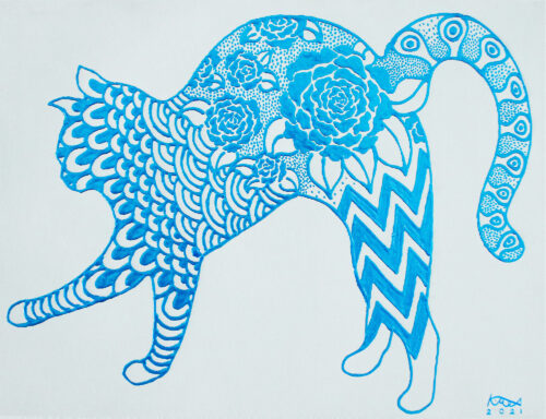 Acrylic Cat Painting with Floral Motif, 'Cozy Cat' Acrylic Cat Painting with Floral Motif, 'Cozy Cat'