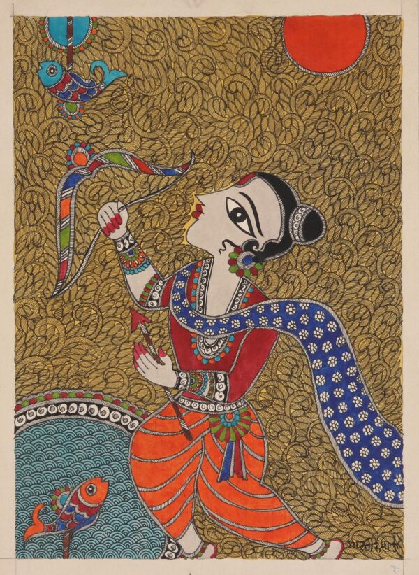 Acrylic Madhubani Painting on Handmade Paper, 'Matsya Vedh' Acrylic Madhubani Painting on Handmade Paper, 'Matsya Vedh'