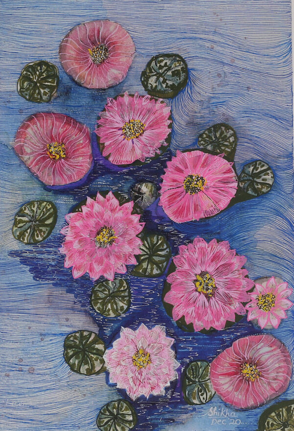 Acrylic Watercolor Painting of Lotus Flowers and Lily Pads, 'Pink Blossoms'