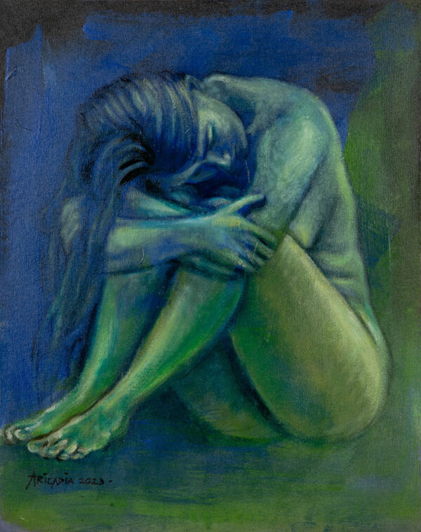 Artistic Nude Acrylic and Oil Painting in Blue and Green, 'Lauren'