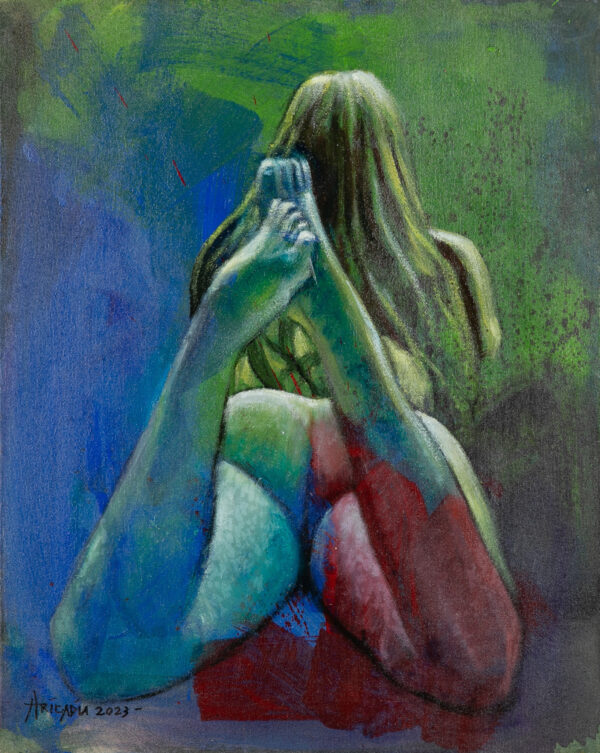 Artistic Nude Acrylic and Oil Painting in Blue Red and Green, 'Abigail'