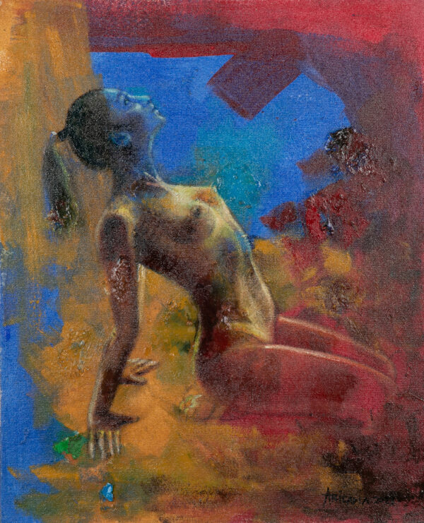 Artistic Nude Acrylic and Oil Painting in Red and Yellow, 'Clara'