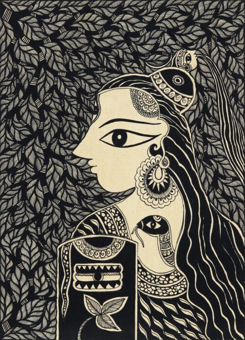 Black and White Madhubani Painting of Shiva from India, 'The Powerful Lord Shiva'