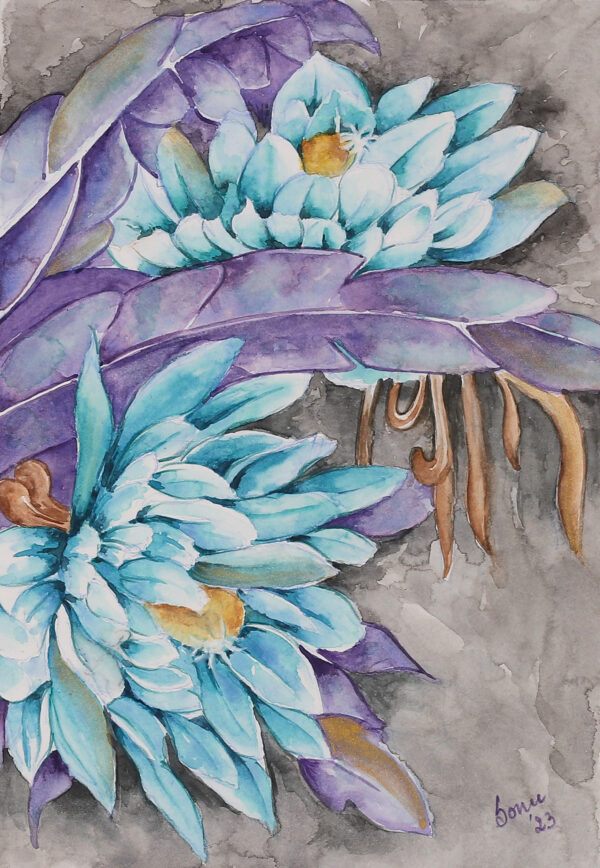 Blue Purple Floral Leaf-Themed Watercolor on Paper Painting, 'Moonlit Blossoms'