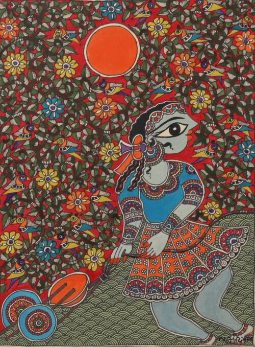 Child Play Madhubani Painting on Handmade Paper from India, 'Bachpan'