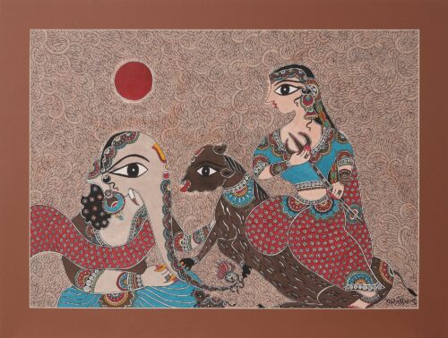 Elephant Deity Madhubani Style Painting from India, 'Parvati Ganesha Saga'