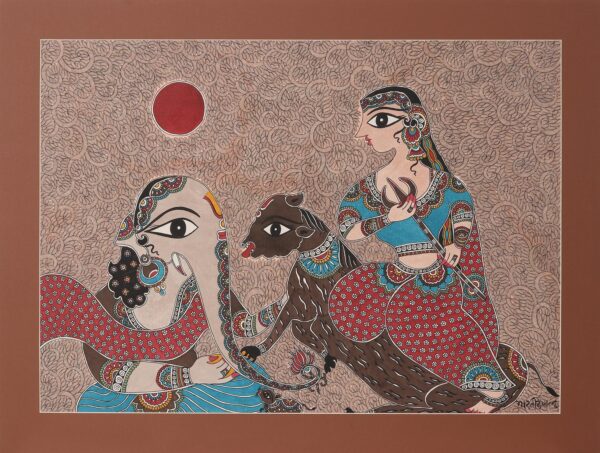 Elephant Deity Madhubani Style Painting from India, 'Parvati Ganesha Saga'