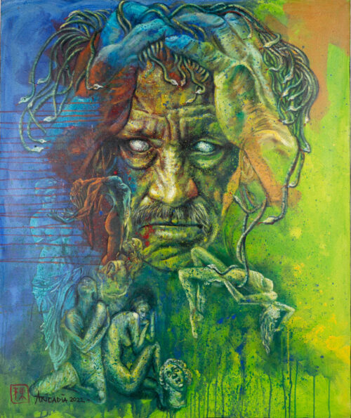 Expressionist Green and Blue Acrylic Painting from Bali, 'The Male Medusa'