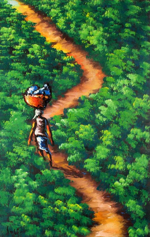 Expressionist Painting of a Countryside Road from Ghana, 'On the Lonely Road'