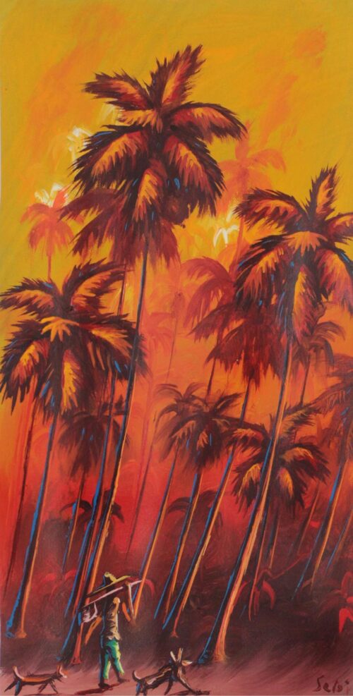 Expressionist Painting of a Hunter Among Palm Trees, 'The Hunter'