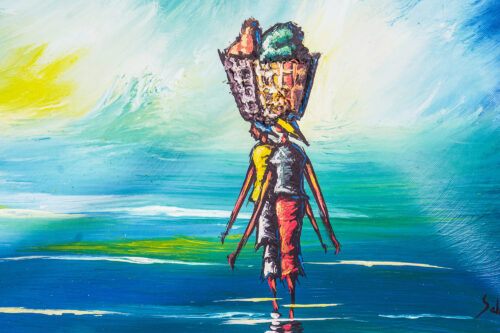 Expressionist Painting of Women Crossing a River from Ghana, 'Crossing River Orubor'