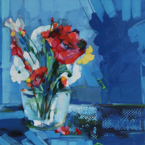 Floral Still Life Painting in Blue from Brazil, 'Vase with Flowers'