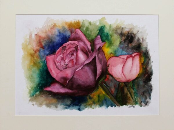 Flower Portrait Original Signed Watercolor Painting, 'Romantic Roses'