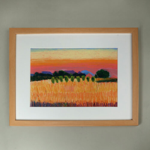 Framed Oil on Paper Landscape Painting of Sunset on Field, 'Sunset'