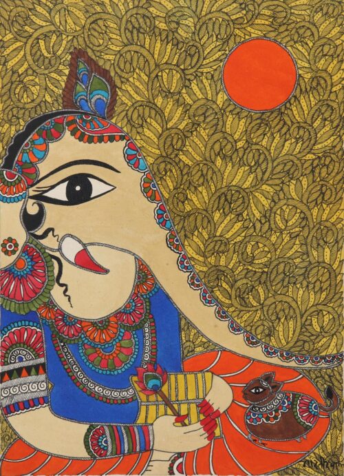 Ganesha Madhubani Painting on Handmade Paper from India, 'God of Wisdom and Good Fortune'