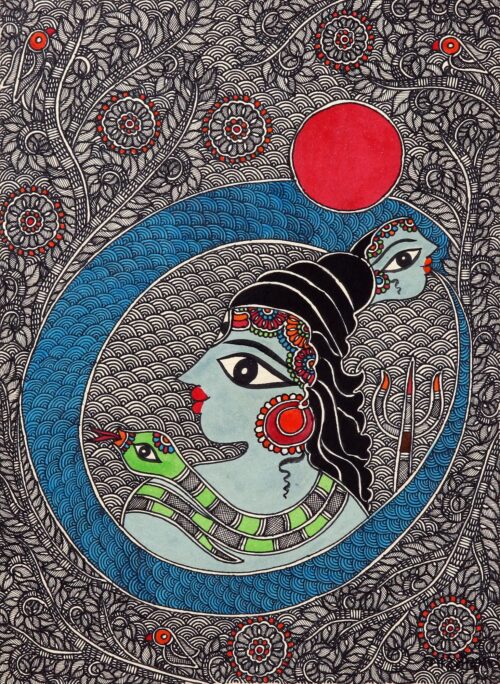 Gangadhar Shiva Acrylic and Dyes on Paper Madhubani Painting, 'Gangadhar Shiva'