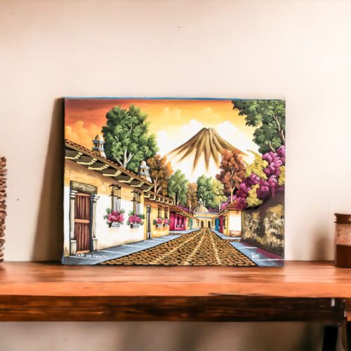 Guatemala Signed Oil on Canvas Painting in Yellows, 'Calle San Francisco'