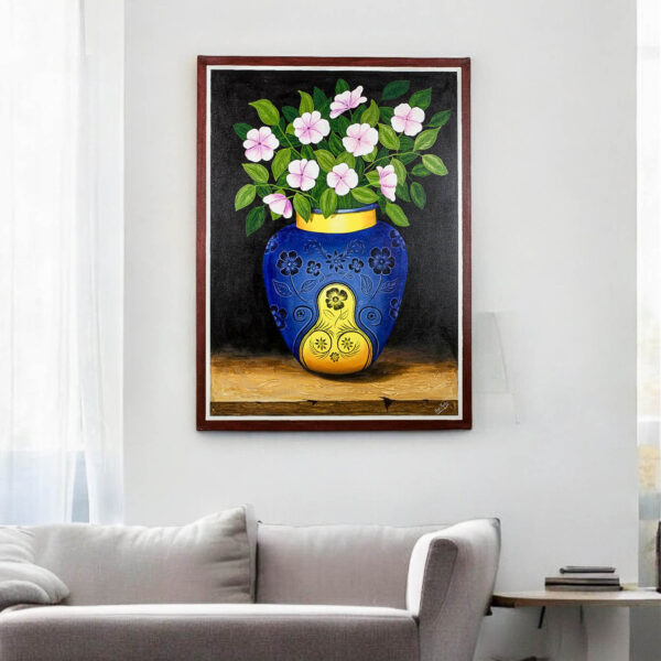 Guatemalan Still Life Painting of Flowers in a Blue Vase, 'Garden Flowers' Guatemalan Still Life Painting of Flowers in a Blue Vase, 'Garden Flowers'