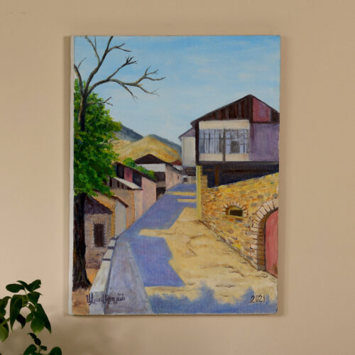 Hadrut City-Themed Impressionist Oil Painting from Armenia, 'Upper Market of Hadrut Village'