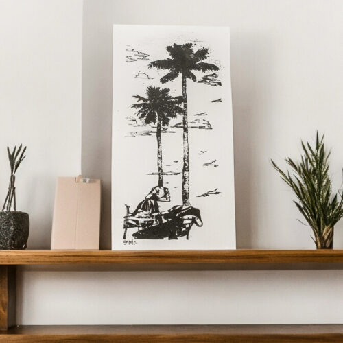Handcrafted Impressionist Woodcut Print of Palm Trees, 'Black Wind'