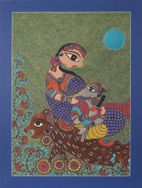 Hindu Mythology Figure Madhubani Painting from India, 'Ganesha & Parvati'