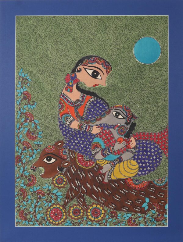 Hindu Mythology Figure Madhubani Painting from India, 'Ganesha & Parvati' Hindu Mythology Figure Madhubani Painting from India, 'Ganesha & Parvati'