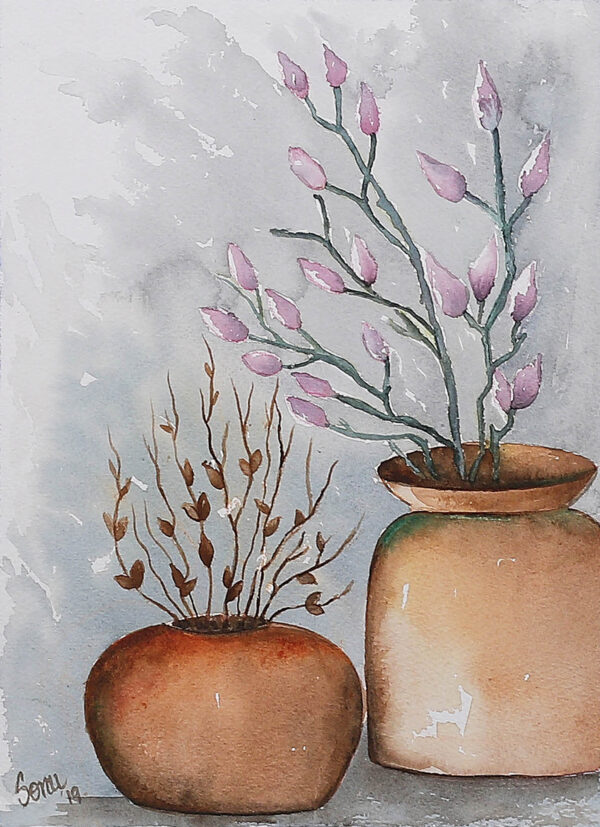 Impressionist Watercolor Painting of Vases and Flowers, 'Elegance II'