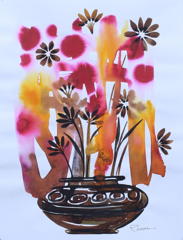 India Colorful Signed Ink Painting of Flowers in a Pot, 'Flower Wonder' India Colorful Signed Ink Painting of Flowers in a Pot, 'Flower Wonder'