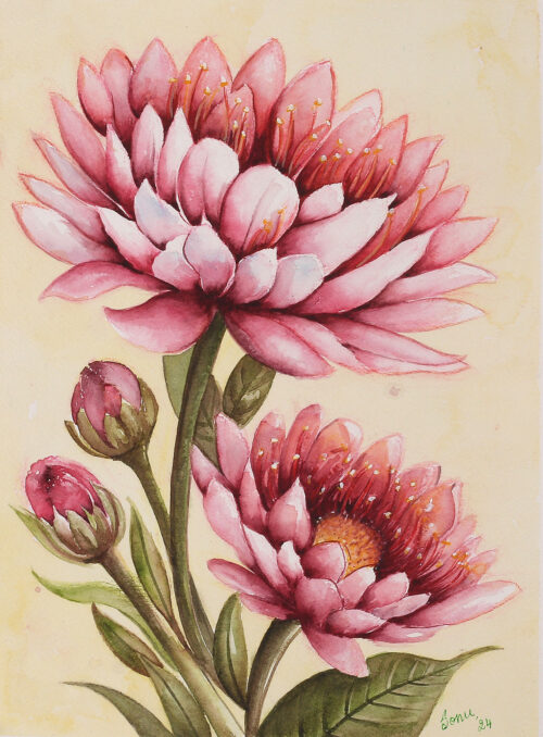 Inspirational Watercolor on Paper Painting with Pink Flowers, 'Blush of Blooms'