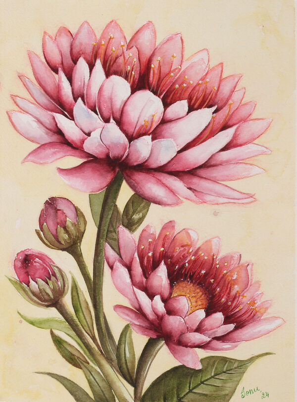 Inspirational Watercolor on Paper Painting with Pink Flowers, 'Blush of Blooms'