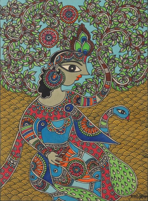 Krishna Madhubani Painting on Handmade Paper from India, 'Sublime Krishna'