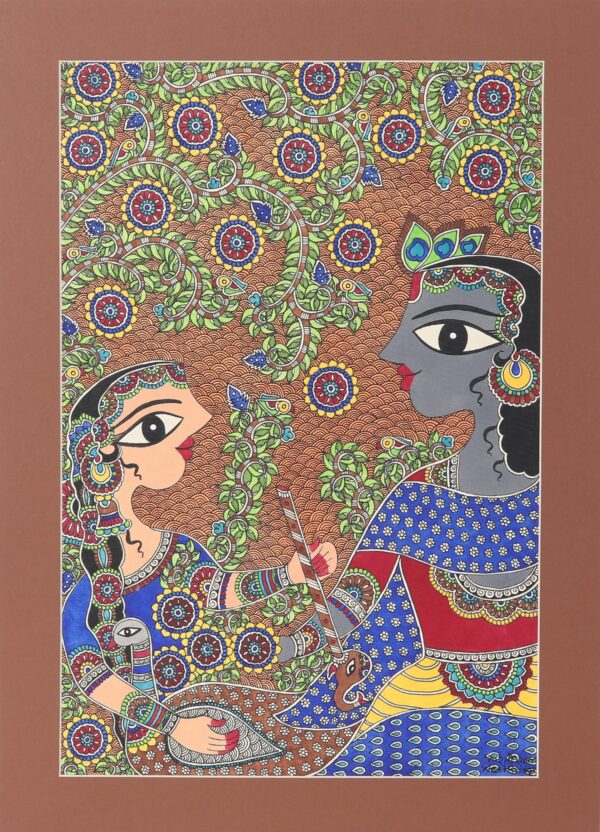 Krishna & Radha Madhubani Painting on Paper from India, 'Eternal Tale of Love' Krishna & Radha Madhubani Painting on Paper from India, 'Eternal Tale of Love'