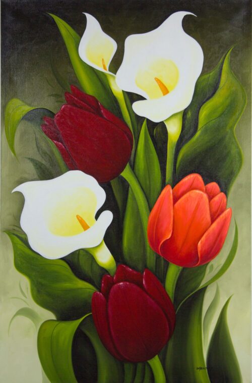 Limited Edition Floral Oil Painting from Mexico, 'Tulips and Calla Lilies I'