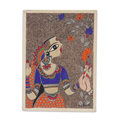 Madhubani Painting of a Woman with Flowers from India, 'Nature's Love'