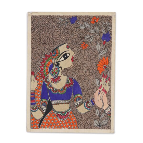 Madhubani Painting of a Woman with Flowers from India, 'Nature's Love'