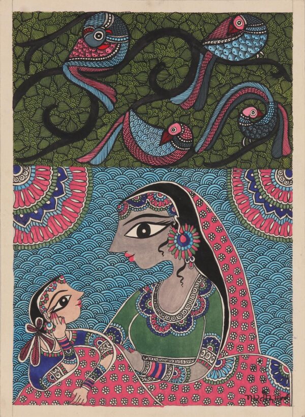 Mother and Child Madhubani Painting on Handmade Paper, 'Unconditional Love'