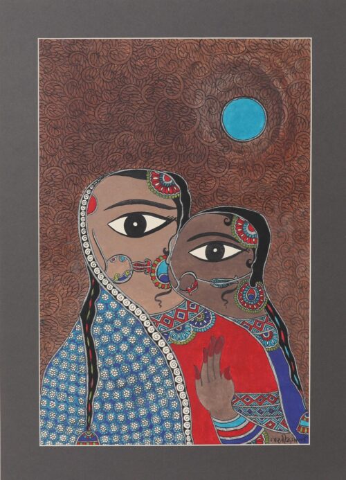Mother and Daughter Madhubani Painting on Paper from India, 'Motherly Bonds'