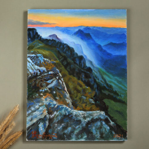 Nature-Themed Mountain Landscape Oil on Canvas Painting, 'The Mountains'