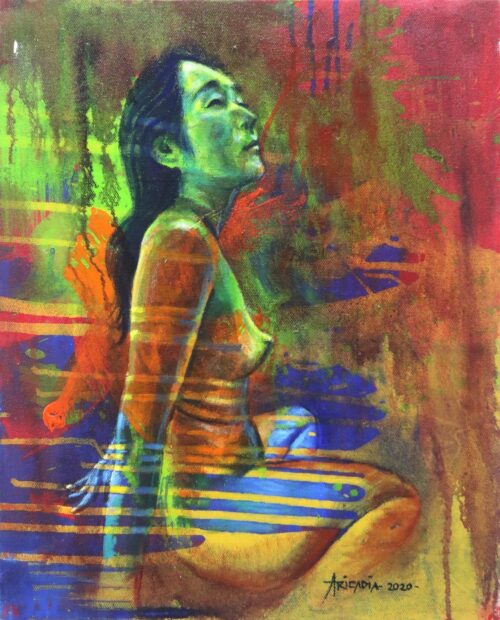 Original Signed Artistic Nude Painting in Rainbow Colors, 'Life Must Go On'