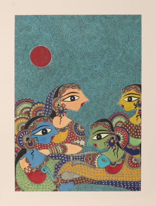 Painting of Hindu Godess Radha in Madhubani Style from India, 'Radha with Gopies'