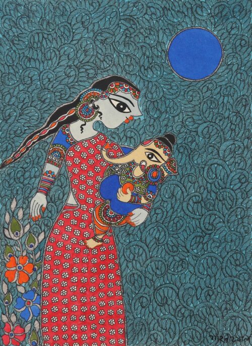 Parvati & Ganesha Madhubani Painting on Paper from India, 'Parvati & Ganesha - Motherhood'