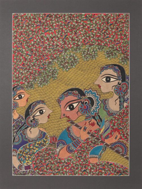 Radha Floral Madhubani Style Painting from India, 'Glorious Radha' Radha Floral Madhubani Style Painting from India, 'Glorious Radha'