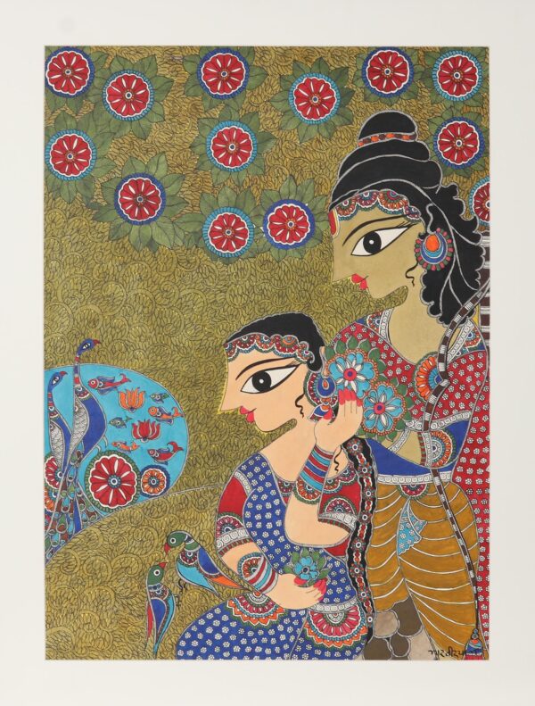 Ramayana-Themed Madhubani Painting from India, 'Ram Sita in Chirtrakoot' Ramayana-Themed Madhubani Painting from India, 'Ram Sita in Chirtrakoot'