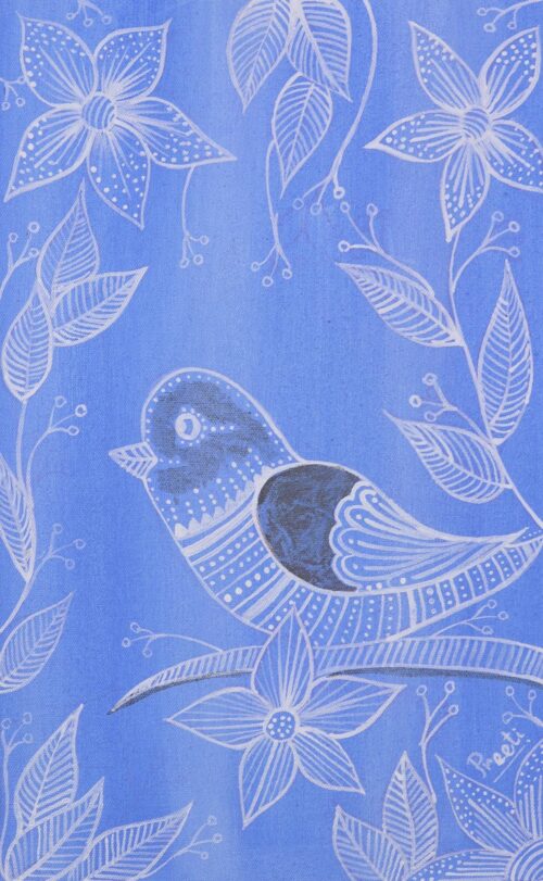 Signed Blue Folk Art Painting of a Bird from India, 'Spring Delight'