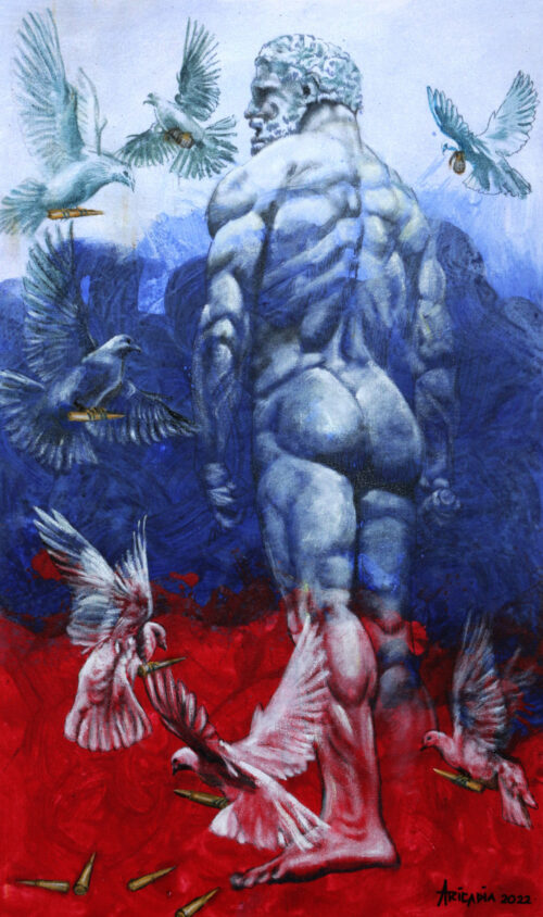 Signed Expressionist Peace Painting of a Man and Doves, 'Peaceful Heart'