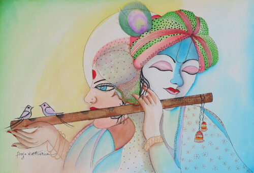 Signed Green and Blue Watercolor and Acrylic Painting, 'Celestial Flute'