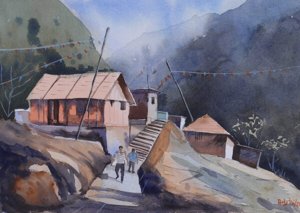 Signed Impressionist Watercolor on Paper Himalayas Painting, 'Crimson Twilight'
