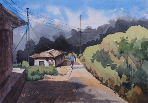 Signed Impressionist Watercolor on Paper Landscape Painting, 'Solitary Stroll'